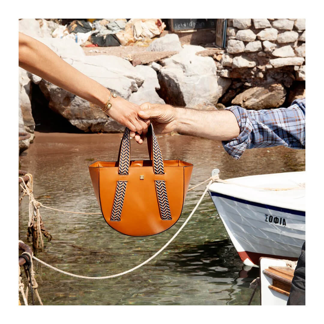 handmade leather bag, made in greece, in camel and herringbone strap, sustainable accessories