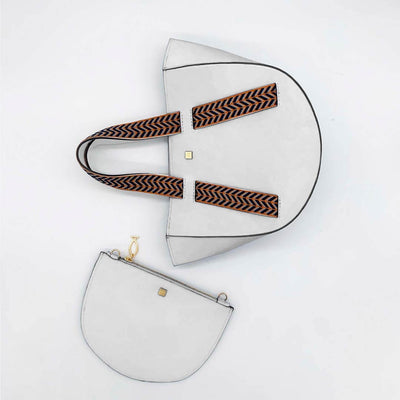 handmade leather bag, made in greece, in white and herringbone strap, sustainable accessories