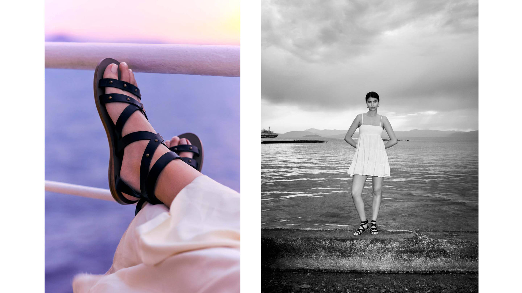 black leather gladiator sandals, made in greece, girl standing in black leather gladiator sandals in Greece