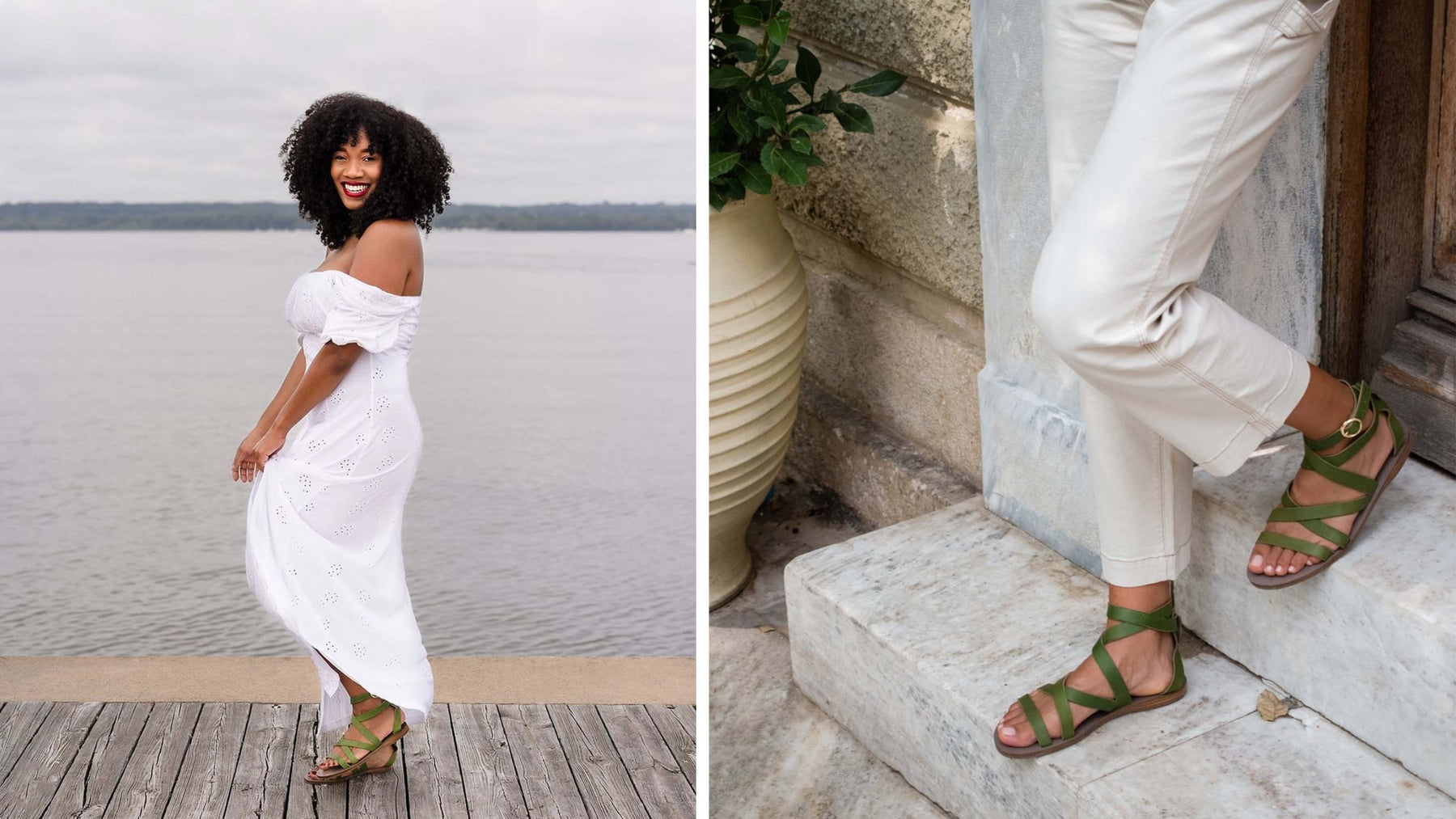 two models wearing our ippolita gladiator sandals, greek sandals in moss green italian leather