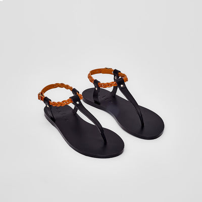handbraided leather sandal, t-back, thong greek sandal #color_black-and-pesca