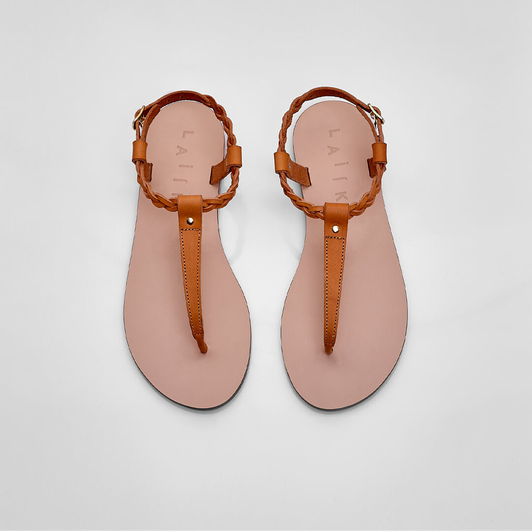 vegetable-tanned handbraided leather sandal, t-back, thong greek sandal #color_caramel