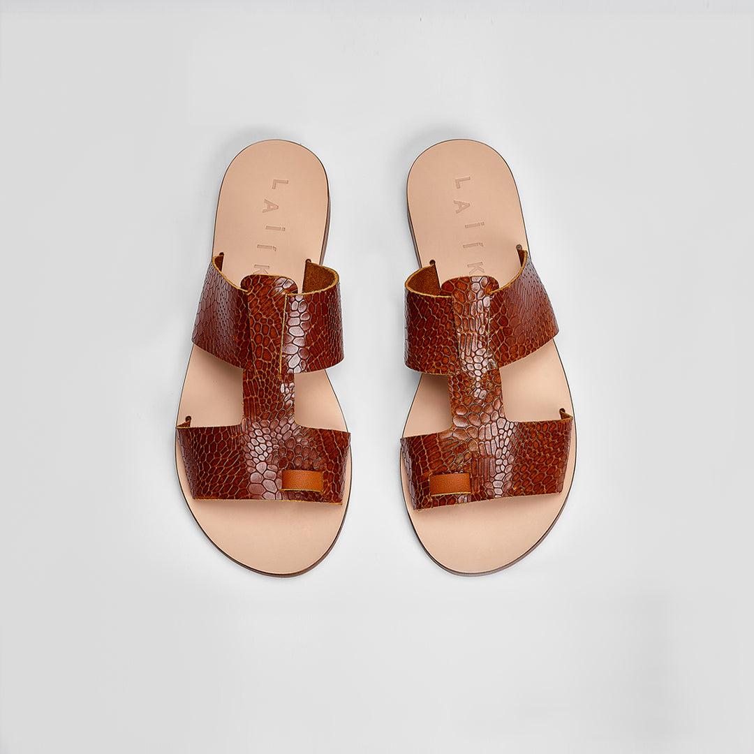 Greek sandals made with snake print Italian leather #color_amber-snake