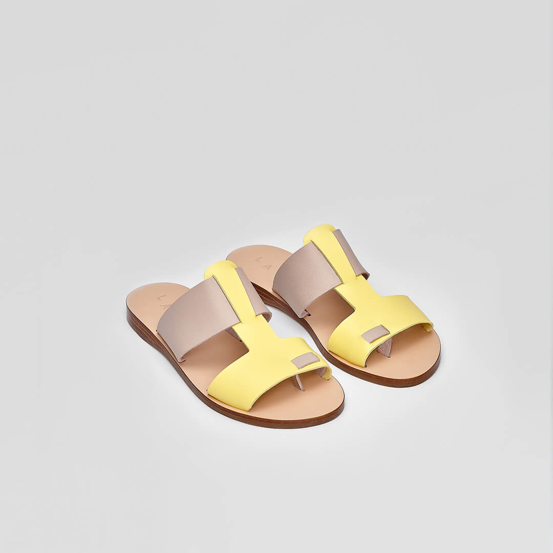 Greek sandals in yellow and grey vegetable-tanned Italian leather, #color_pollen-and-greek-stone-grey