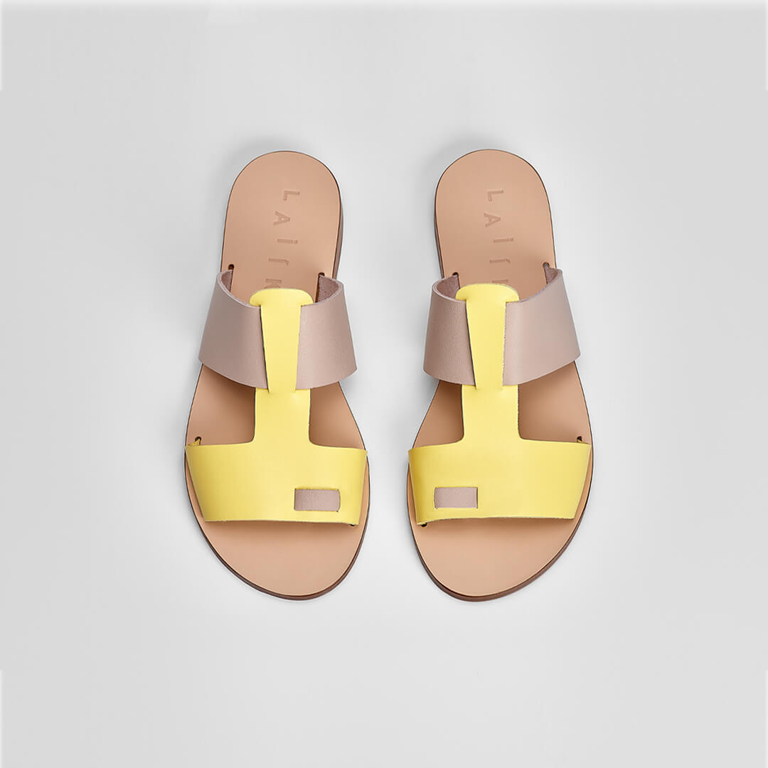 Greek sandals in yellow and grey vegetable-tanned Italian leather #color_pollen-and-greek-stone-grey