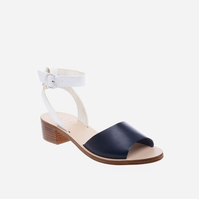 Greek heeled sandals in midnight blue and white Italian leather #color_midnight-blue
