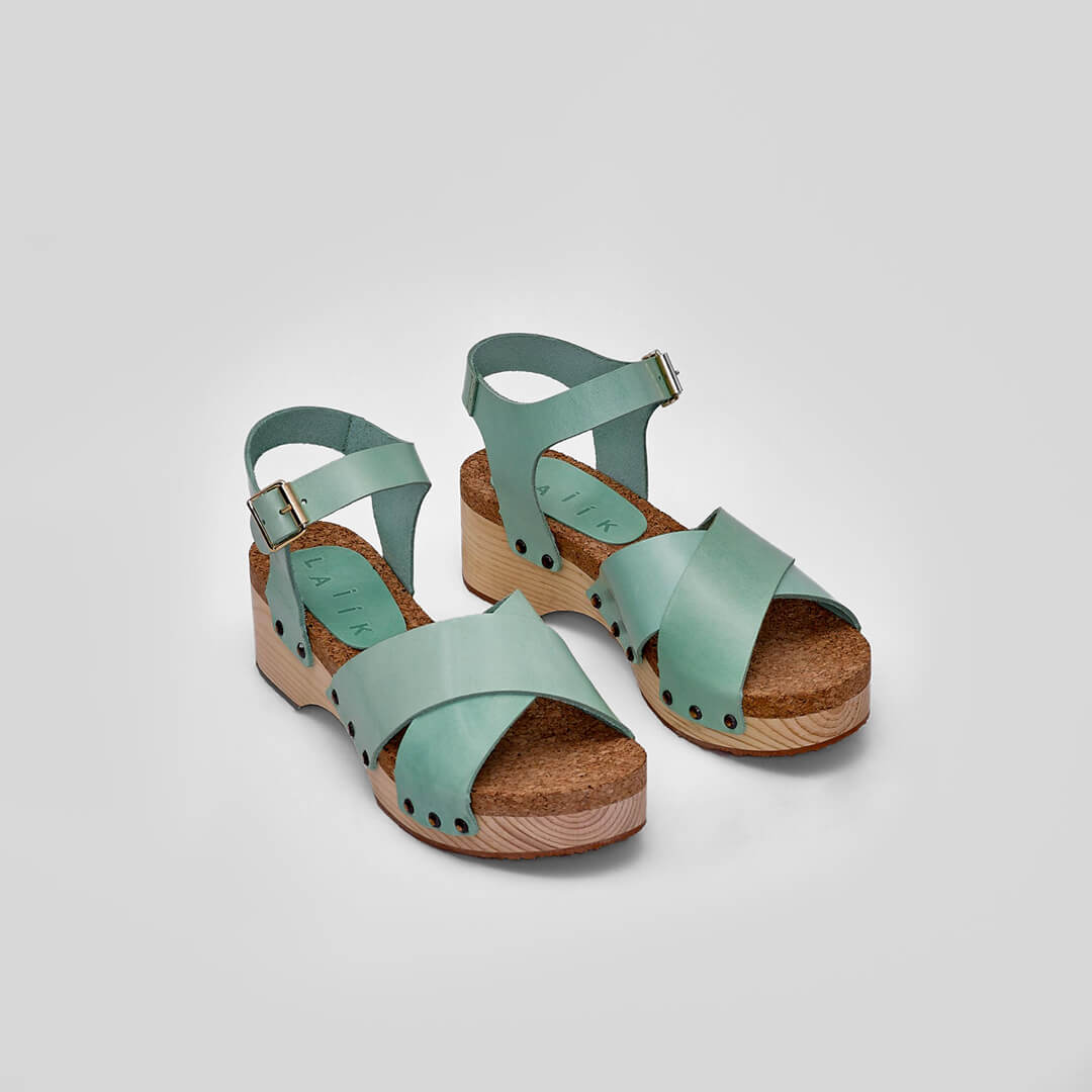 wooden clog, mint leather italian, made in greece #color_cool-mint