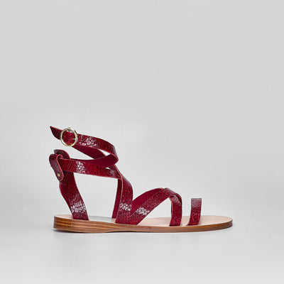 greek gladiator sandals in snake print Italian leather #color_berry-snake