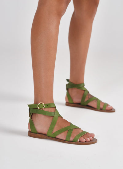 greek gladiator sandals in olive green Italian leather #color_moss-green