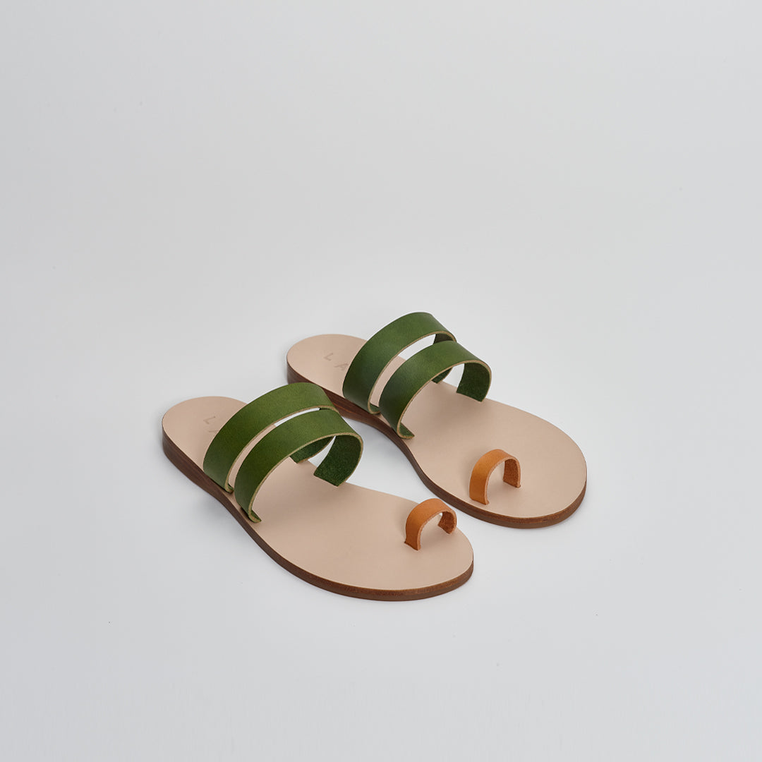 Classic Greek sandals in Italian vegetable-tanned leather, green and natural #color_moss-green