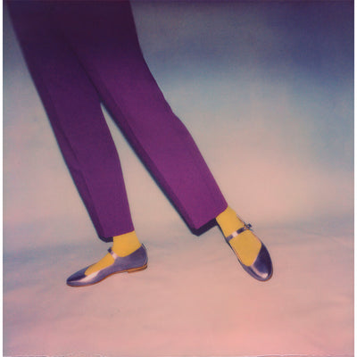 woman wearing silver mary jane shoes, made in greece, wearing purple trousers #color_silver