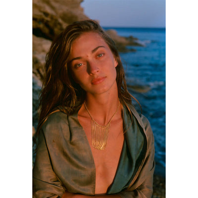 gold rush necklace, worn by model, made in greece