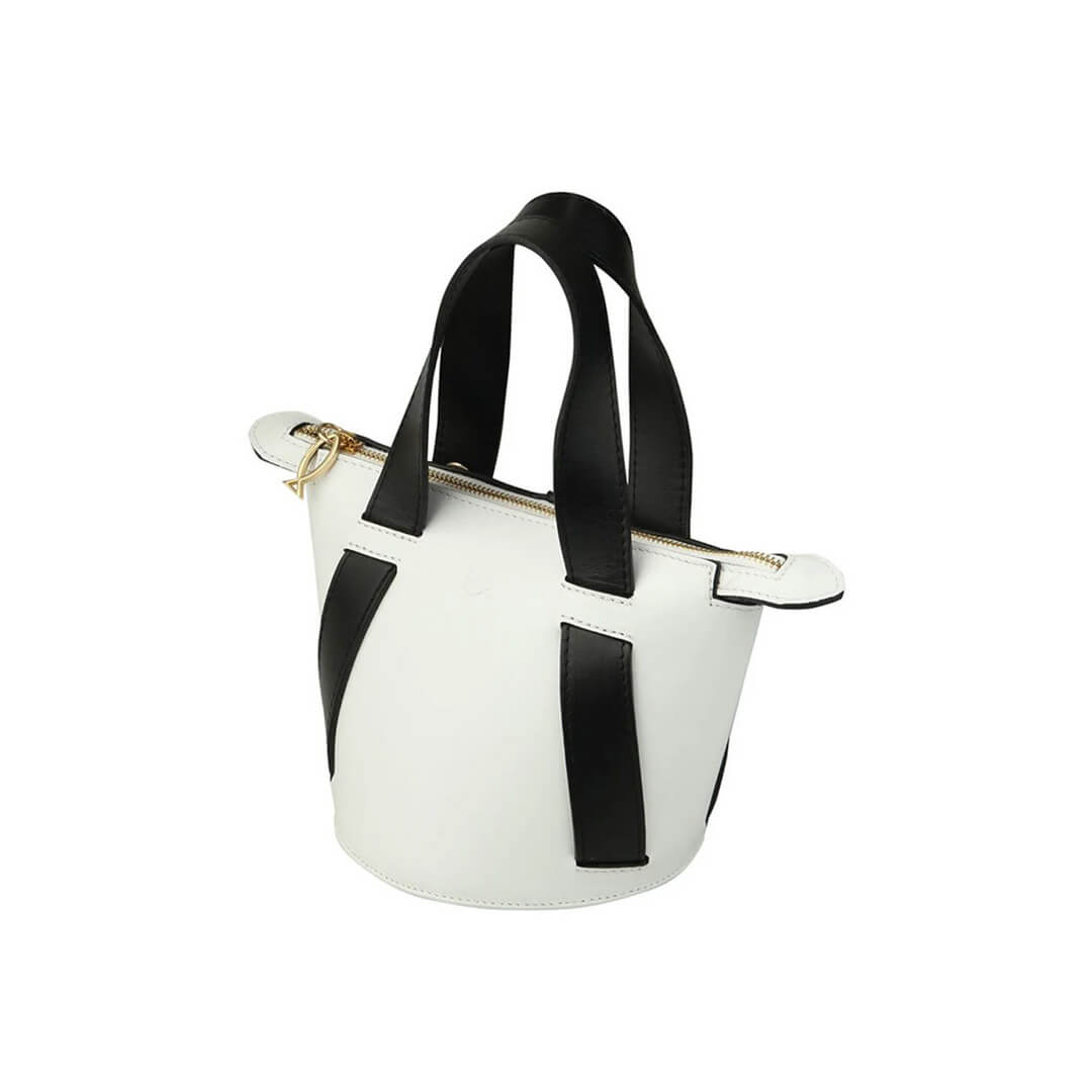 white and black leather bucket bag, made in greece, leather crossbody handbag